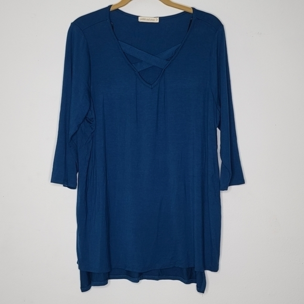 Pebble &‎ Stone Anthropologie 1X Solid Blue Criss Cross Neckline Long Sleeve Top